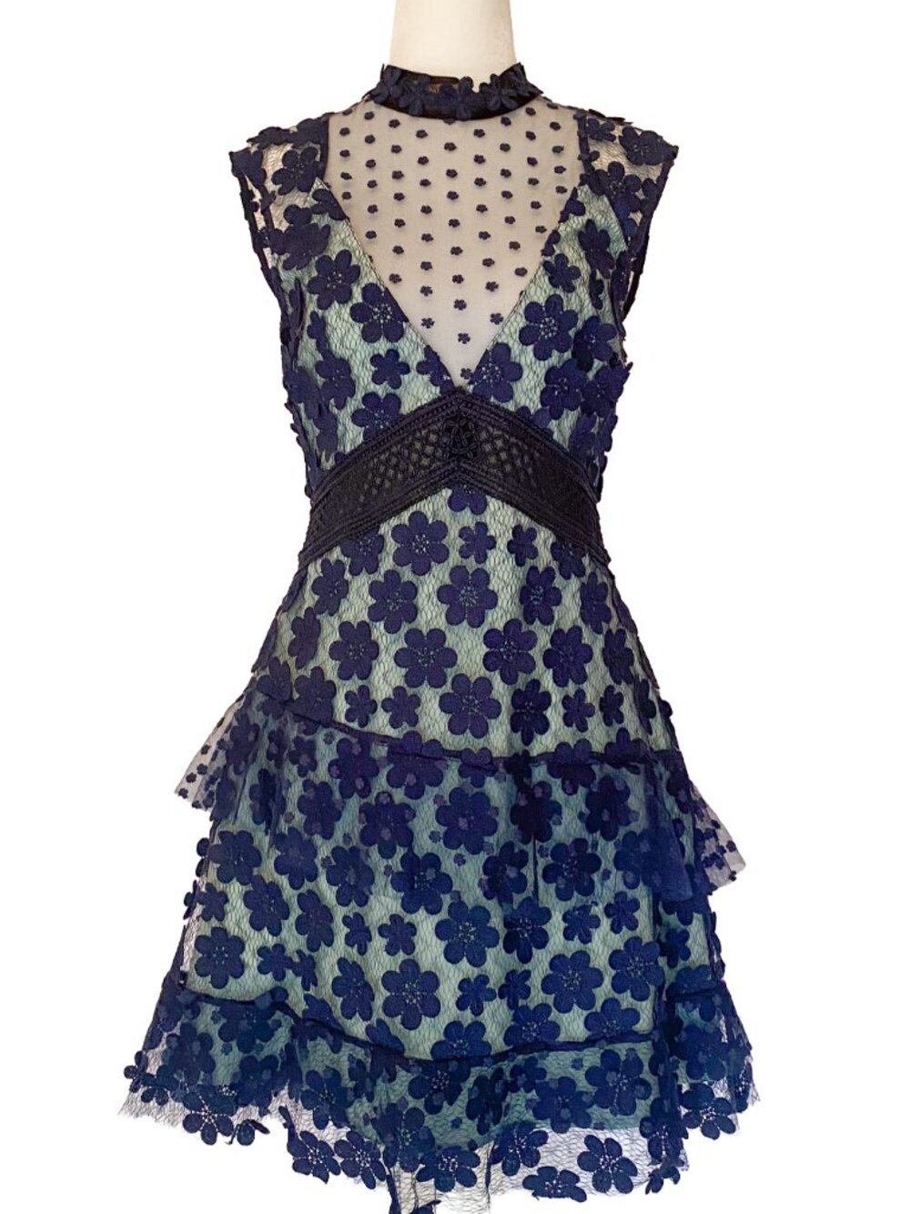 SELF PORTRAIT 60s Floral Overlay Lace Mini Dress Navy Blue Guipure 6 Homecoming